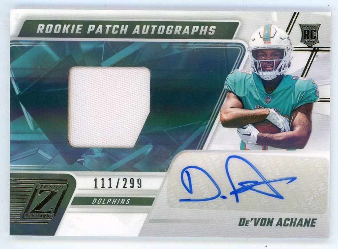 De'Von Achane Autographed 2023 Panini Zenith Patch Relic #209: De'Von Achane Autographed 2023 Panini Zenith Patch Relic #209 Product Disclaimer: Not affiliated with any team or league. Signatures are unverified unless a certificate is stated. For inquiries, pleas