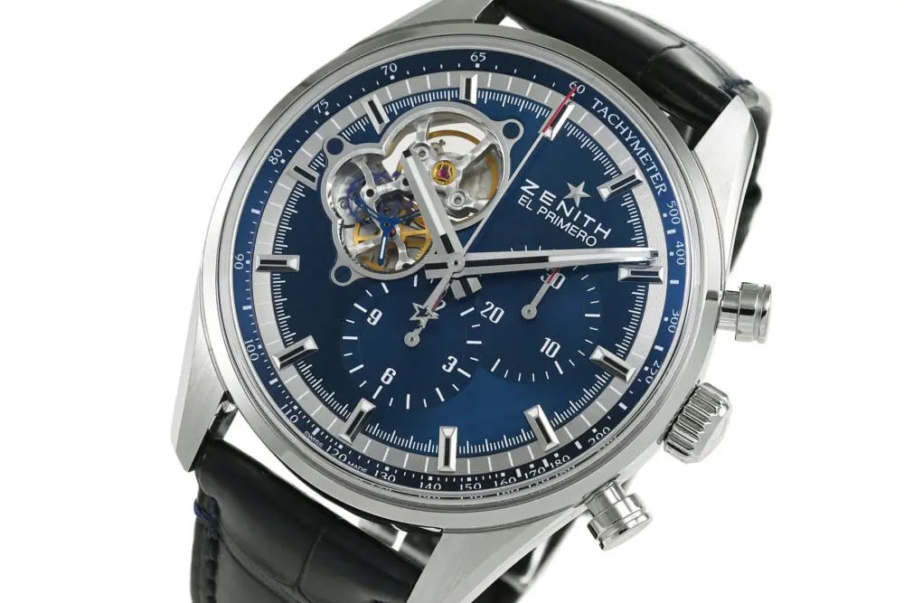 Zenith Chronomaster El Primero Open 03.20416.4061/51.C700: Brand: ZENITH Movement: Automatic Case Size: 42mm Case Thickness: 13mm Rug Size: 21mm Dial Color: Blue Case Material: SS Band Material: Genuine Leather Belt D-Buckle Water Resistance: 10 ATM water res