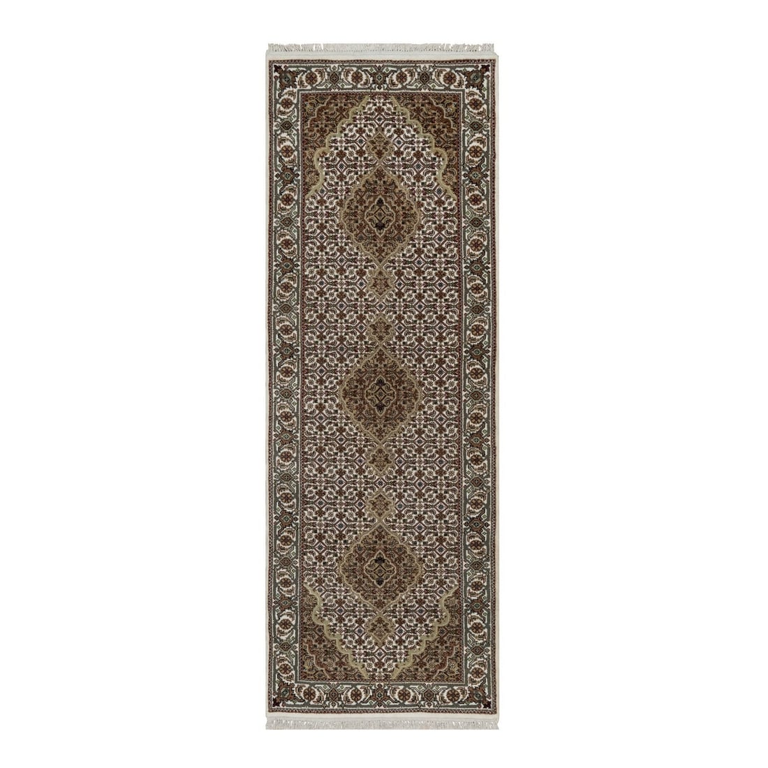2'10"X8' White Tebraz Mahi With Fish Design Hand Knotted Wool Runner Rug: Style: Tebraz Mahi Type: Indoor Material: Wool Color: Ivory Item Length: 96 Item Width: 34 Rug Type: Hand Knotted Pile: Wool Shape: Runner Field Color: Ivory Size: 2"10" x 8"0" / 86 CM X 244 CM Age: 2