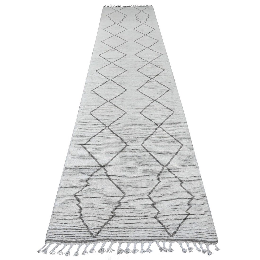 3'2"X15'4" White Moroccan Weave Line Design Hand Knotted Wool Runner Rug: Style: Moroccan Type: Indoor Material: Wool Color: Ivory Item Length: 184 Item Width: 38 Rug Type: Hand Knotted Pile: Wool Shape: Runner Field Color: Ivory Size: 3"2" x 15"4" / 97 CM X 467 CM Age: 200