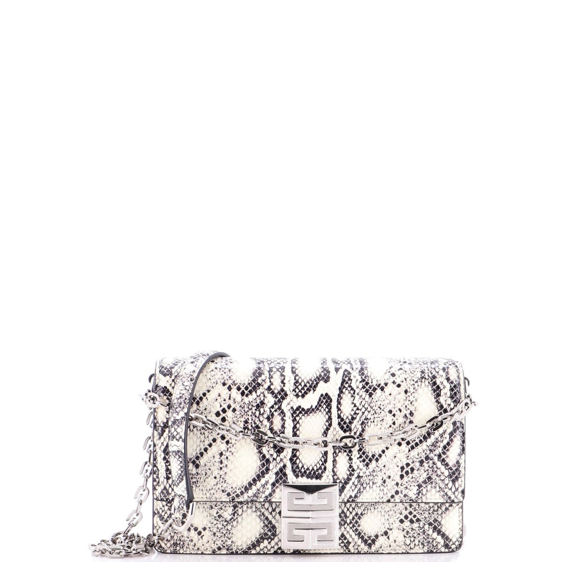 Givenchy 4G Chain Crossbody Bag Snakeskin Embossed Leather Small: Brand: Givenchy Exterior Material: Leather Style: Cross Body Bags Exterior Color: Black Size: Small Measurements: Handle Drop 5", Height 5", Width 8", Depth 2", Strap Drop 17" Model: 4G Chain Crossbod