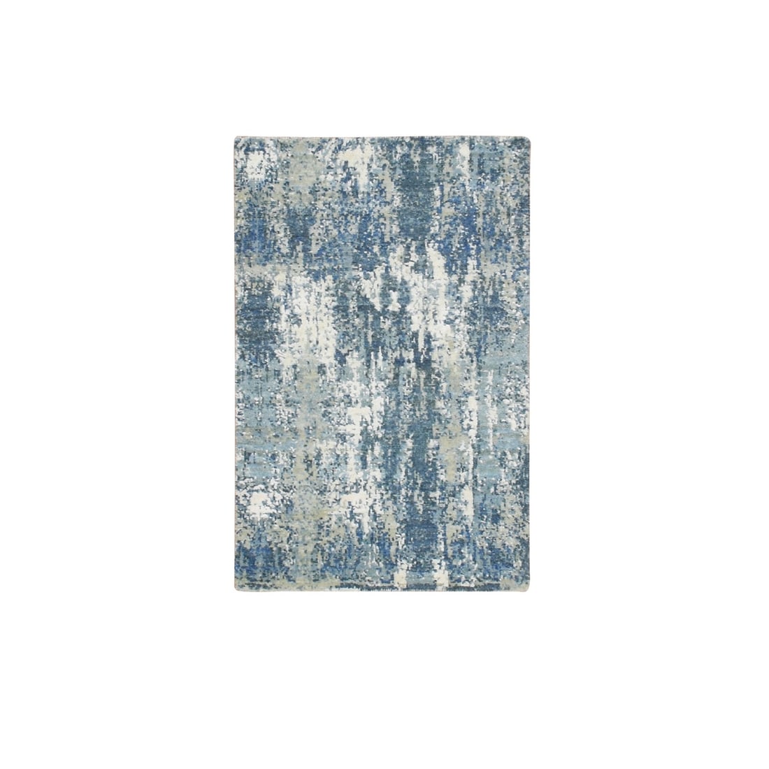 2'X3'2" Oceanic Blue Abstract Design Silk And Wool Hand Knotted Mat Rug: Style: Abstract Type: Indoor Material: Silk Color: Blue Item Length: 38 Item Width: 24 Rug Type: Hand Knotted Pile: Wool & Silk Shape: Rectangular Field Color: Blue Size: 2"0" x 3"2" / 61 CM X 97 CM A