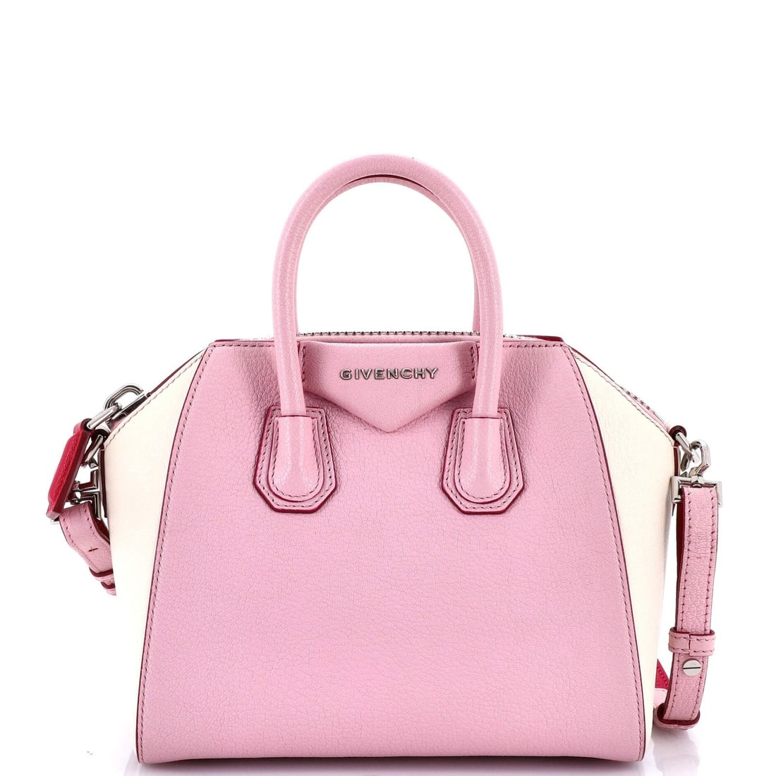 Givenchy Antigona Bag Leather Mini: Brand: Givenchy Exterior Material: Leather Style: Cross Body Bags Exterior Color: Pink Size: Mini Accessories: With Strap Measurements: Handle Drop 3", Height 7.5", Width 8.5", Depth 5", Strap Drop 19