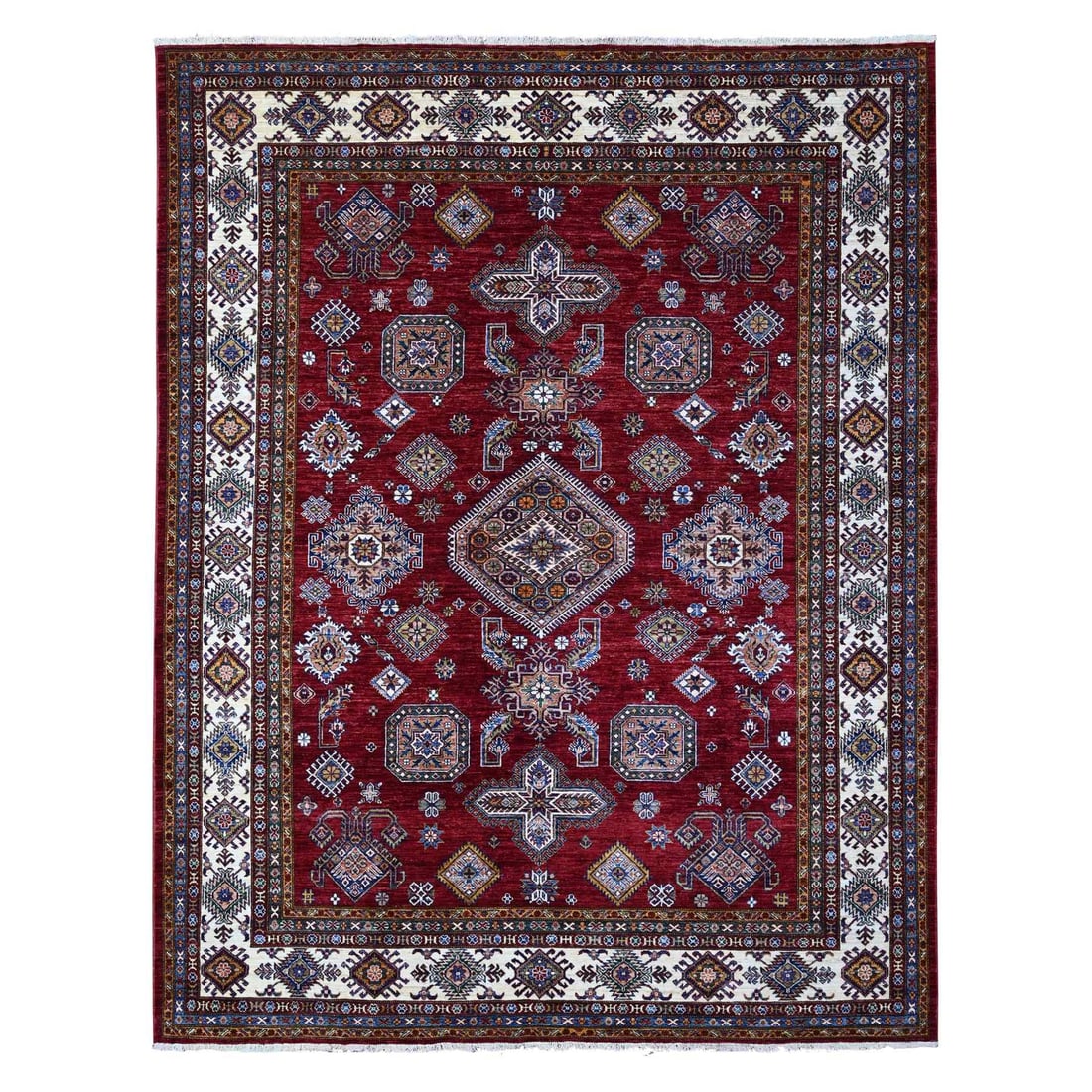 8'1"X10'3" Red Hand Knotted Super Kazak All Over Motifs Wool Oriental Rug: Style: Oriental Type: Indoor Material: Wool Color: Red Item Length: 123 Item Width: 97 Rug Type: Hand Knotted Pile: Wool Shape: Rectangular Field Color: Red Size: 8"1" x 10"3" / 246 CM X 312 CM Age: 2