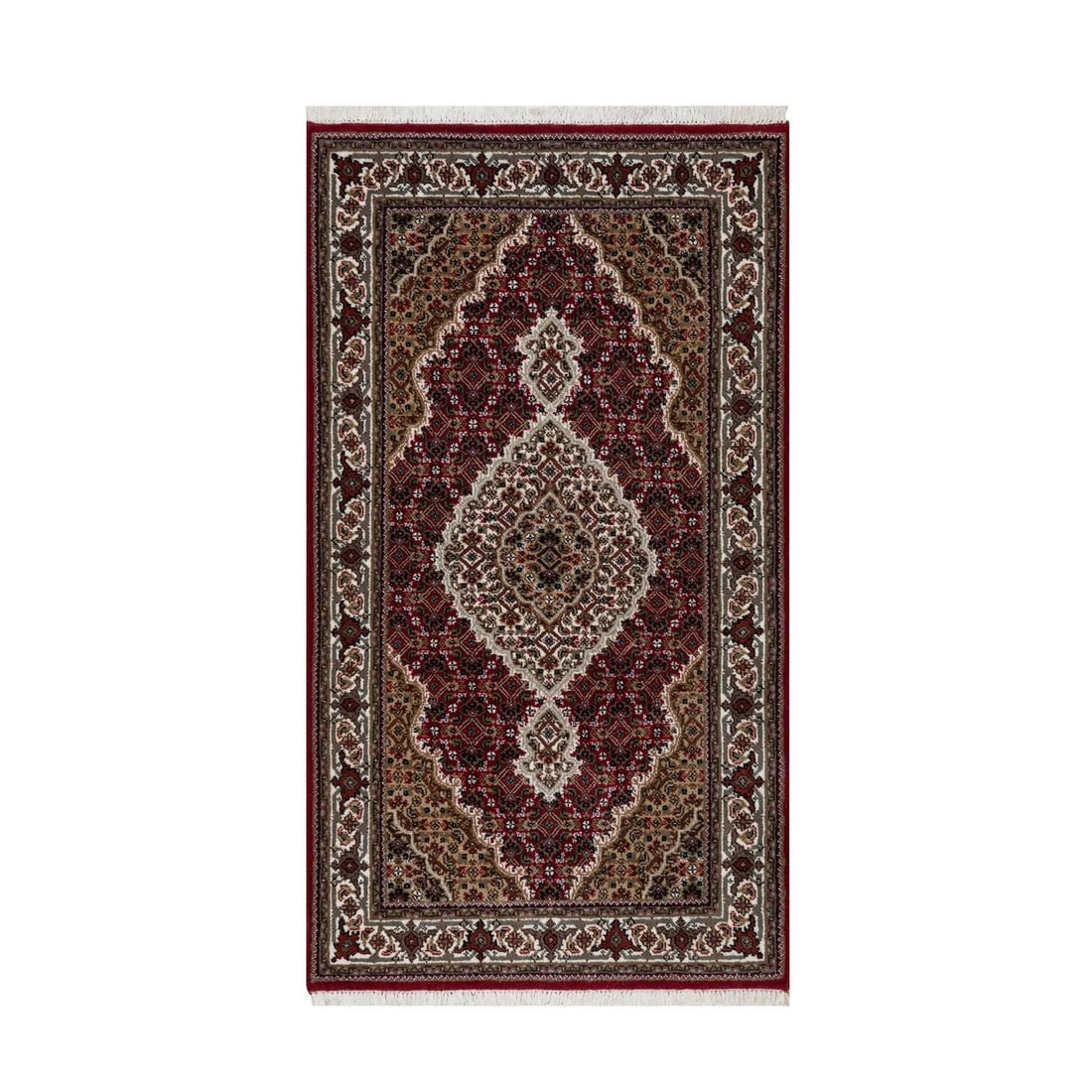 2'10"X5'1" Carmine Red Wool Tebraz Mahi With Fish Design Hand Knotted Rug: Style: Tebraz Mahi Type: Indoor Material: Wool Color: Red Item Length: 61 Item Width: 34 Rug Type: Hand Knotted Pile: Wool Shape: Rectangular Field Color: Red Size: 2"10" x 5"1" / 86 CM X 155 CM Age: