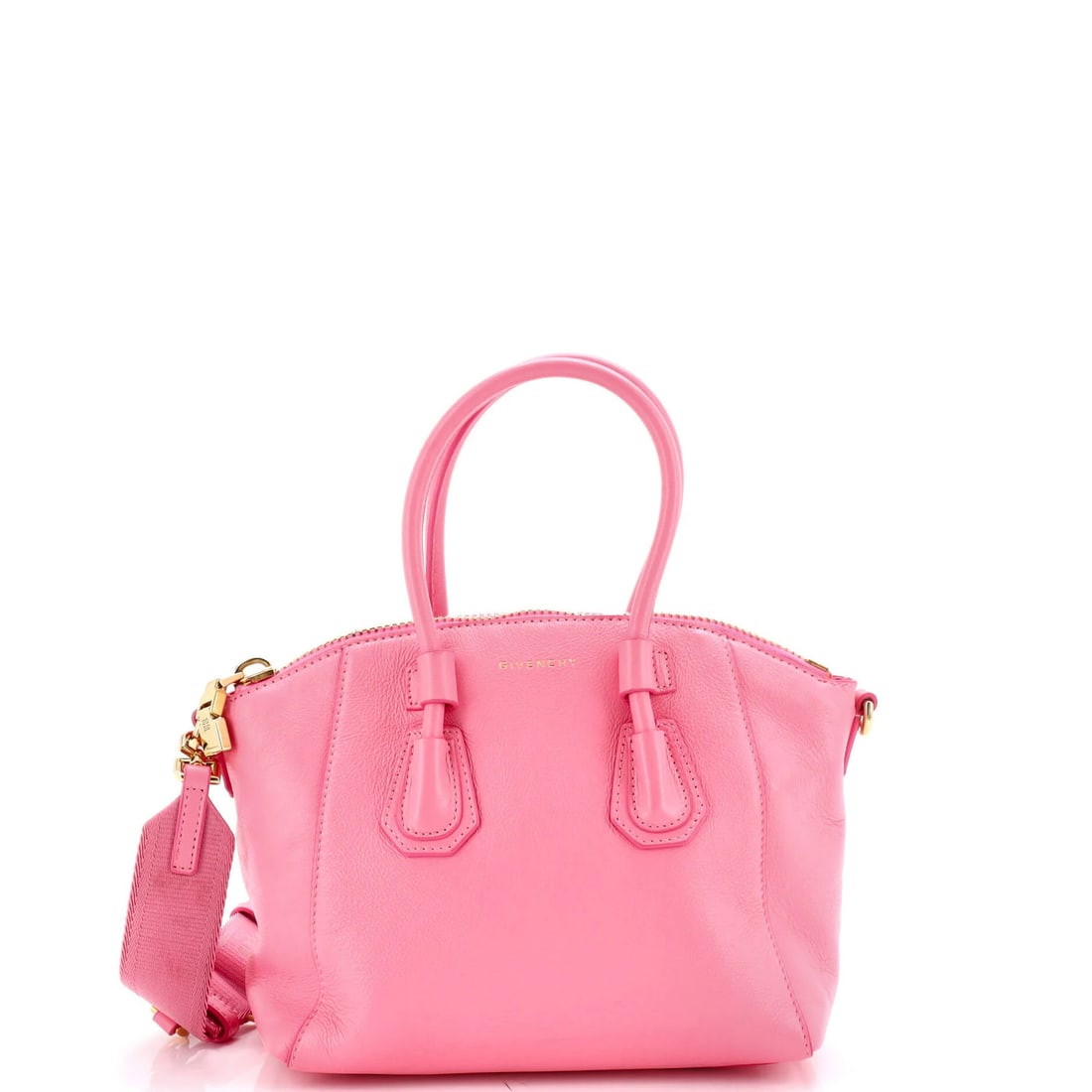 Givenchy Antigona Sport Bag Leather Mini: Brand: Givenchy Exterior Material: Leather Style: Top Handle Exterior Color: Pink Size: Mini Accessories: With Strap Measurements: Height 6.5", Width 8.5", Depth 2" Model: Antigona Sport Bag Leather M