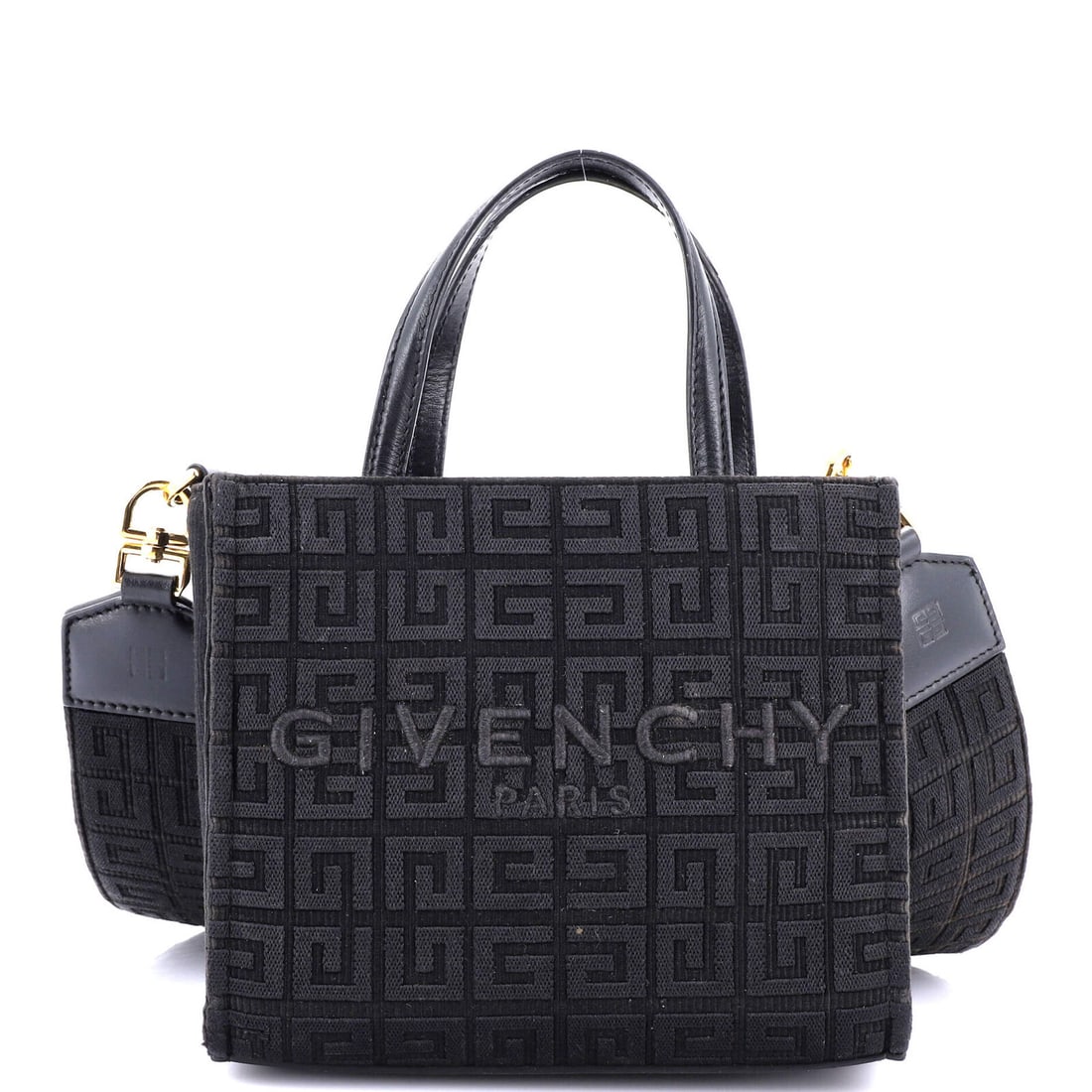 Givenchy G-Tote 4G Jacquard Mini: Brand: Givenchy Exterior Material: Jacquard Style: Totes Exterior Color: Black Size: Mini Accessories: With Strap Measurements: Height 6.5", Width 7.5", Depth 3" Model: G-Tote 4G Jacquard Mini Exterio