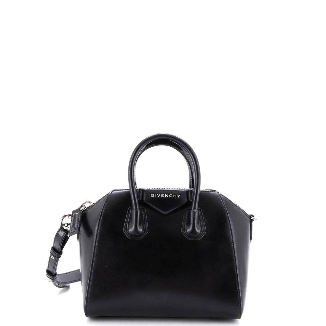 Givenchy Antigona Bag Glazed Leather Mini: Brand: Givenchy Exterior Material: Leather Style: Satchels Exterior Color: Black Size: Mini Accessories: With Strap Measurements: Handle Drop 3", Height 8", Width 8.5", Depth 5", Strap Drop 17.5" Mode