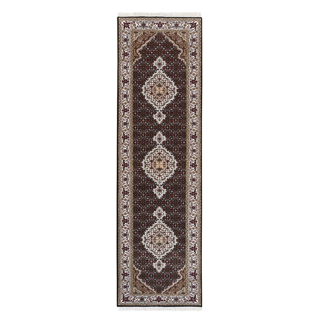2'7"X10' Hand Knotted Fish Design Tebraz Mahi Wool And Silk Runner Rug: Type: Indoor Material: Wool & Silk Color: Black Item Length: 120 Item Width: 31 Style: Oriental Rug Type: Hand Knotted Pile: Wool & Silk Shape: Runner Field Color: Black Size: 2"7" x 10"0" Age: 2000-N