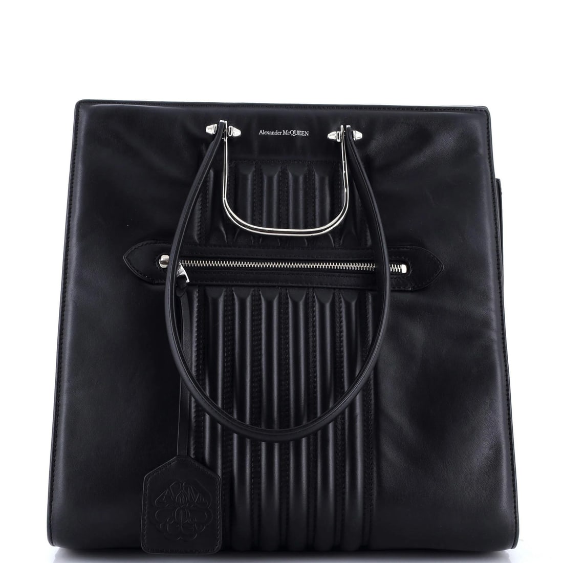 Alexander Mcqueen The Tall Story Tote Vertical Quilted Leather: Brand: Alexander Mcqueen Exterior Material: Leather Style: Totes Exterior Color: Black Size: Unknown Accessories: No Accessories Clochette Measurements: Handle Drop 2", Height 15", Width 14", Depth 6"