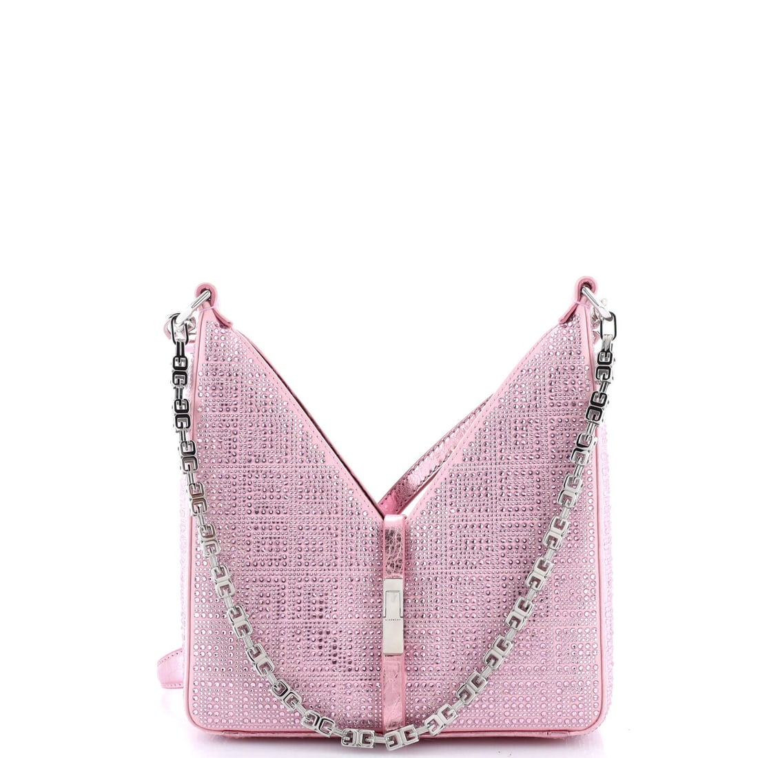 Givenchy Cut Out Shoulder Bag Crystal Embellished Satin Mini: Brand: Givenchy Exterior Material: Crystal Satin Style: Cross Body Bags Exterior Color: Pink Size: Mini Accessories: With Strap Measurements: Height 8.5", Width 8", Depth 3" Model: Cut Out Shoulder Ba