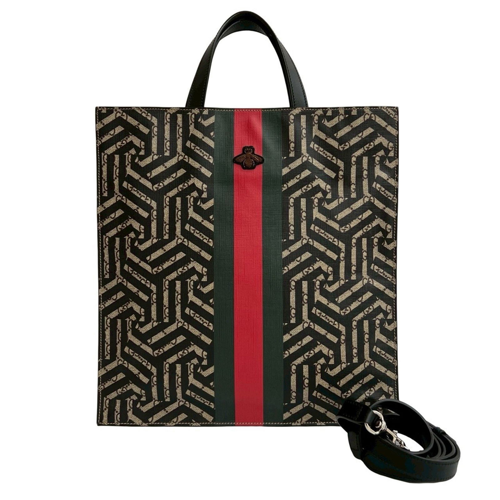 Gucci Gg Kaleido Bee Leather 2-Way Tote Bag: Brand: Gucci Type: Handbag, Shoulder Bag, Tote Bag Material: Pvc , Leather Color: Black, Brown, Green, Red Color Gender: Women Size (Hxwxd): 37.5cm x 36cm x 8cm / 14.76'' x 14.17'' x 3.14'' Condition: