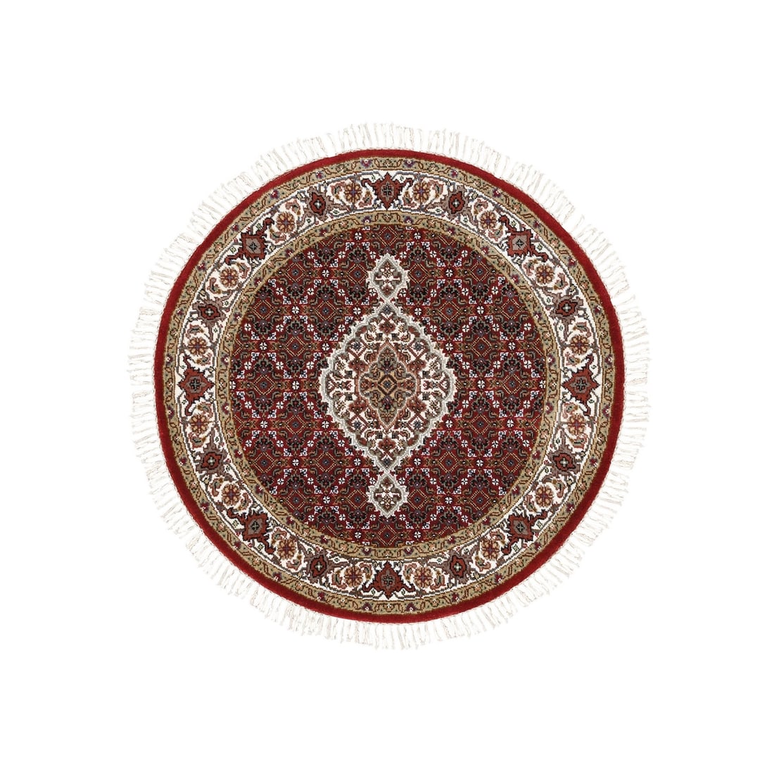 3'4"X3'4" Red Wool And Silk Fish Design Tebraz Mahi Handknotted Round Rug: Type: Indoor Material: Wool & Silk Color: Red Item Length: 40 Item Width: 40 Style: Oriental Rug Type: Hand Knotted Pile: Wool & Silk Shape: Round Field Color: Red Size: 3"4" x 3"4" Age: 2000-Now Patt