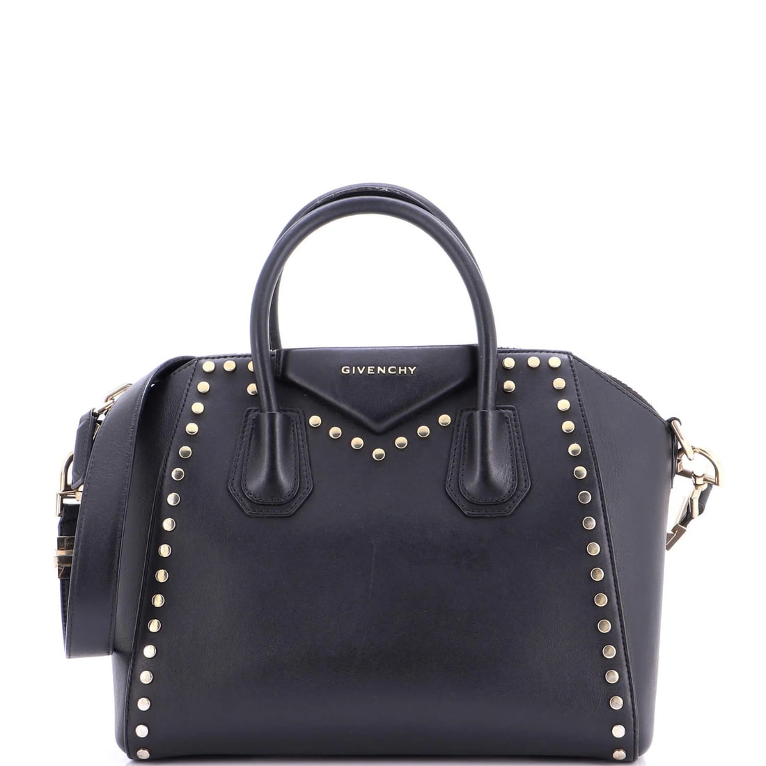 Givenchy Antigona Bag Studded Leather Small: Brand: Givenchy Exterior Material: Leather Style: Satchels Exterior Color: Black Size: Small Measurements: Handle Drop 3.5", Height 9", Width 11", Depth 6", Strap Drop 11.5" Model: Antigona Bag Studde
