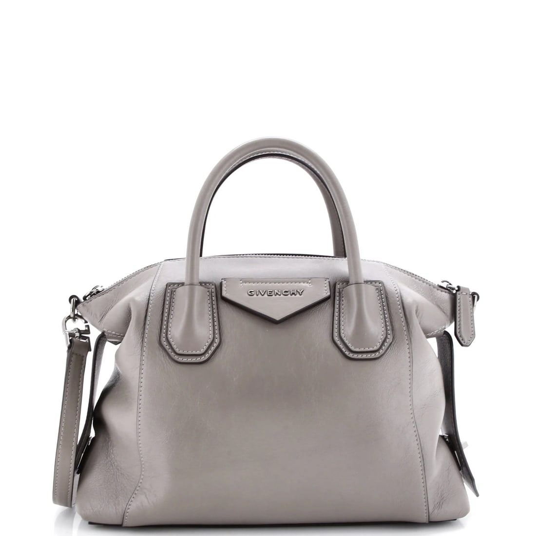 Givenchy Antigona Soft Bag Leather Small: Brand: Givenchy Exterior Material: Leather Style: Satchels Exterior Color: Gray Size: Small Measurements: Handle Drop 3.5", Height 10", Width 12", Depth 3", Strap Drop 17.5-21.5" Model: Antigona Soft