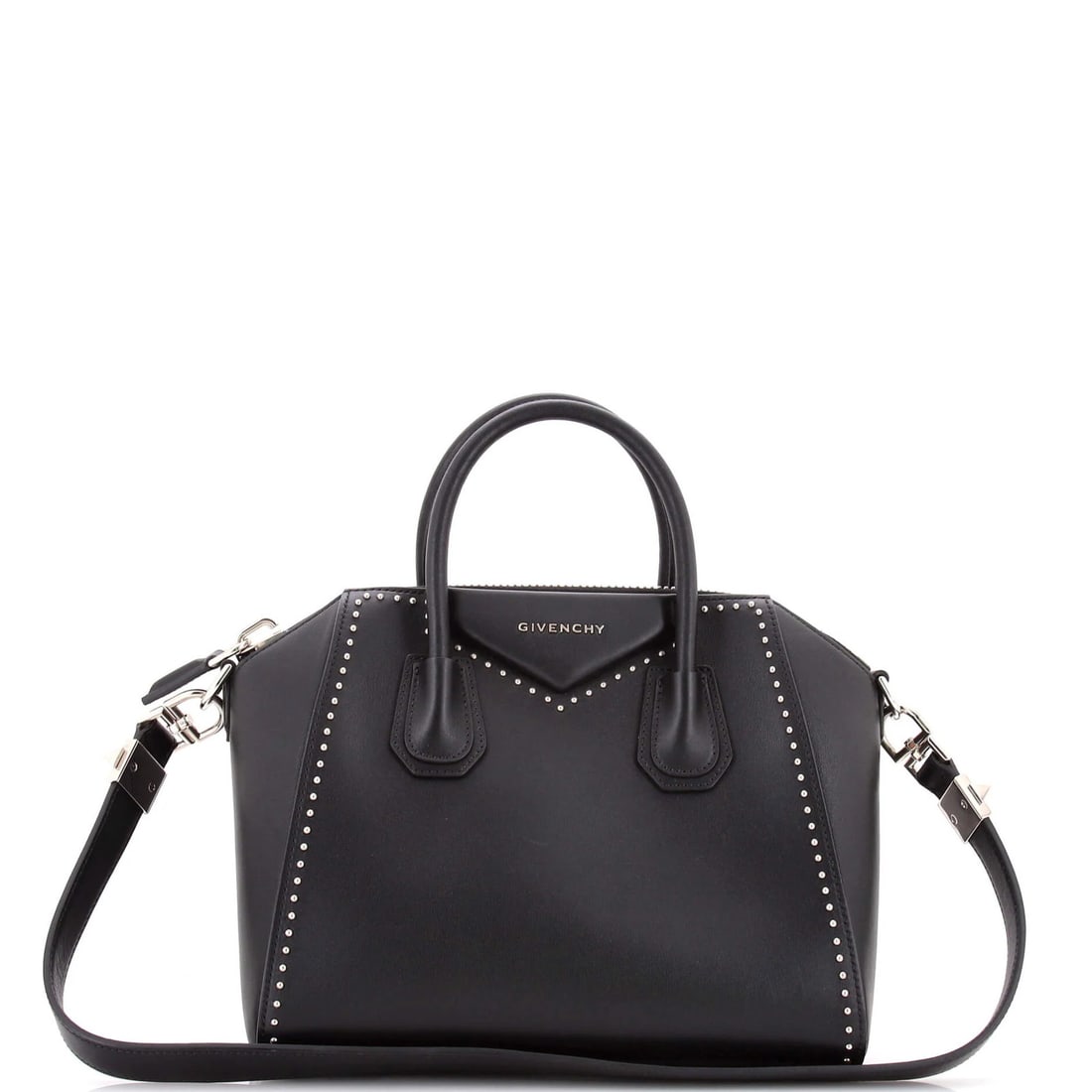 Givenchy Antigona Bag Studded Leather Small: Brand: Givenchy Exterior Material: Leather Style: Satchels Exterior Color: Black Size: Small Measurements: Handle Drop 3.5", Height 9", Width 11", Depth 6", Strap Drop 11.5" Model: Antigona Bag Studde