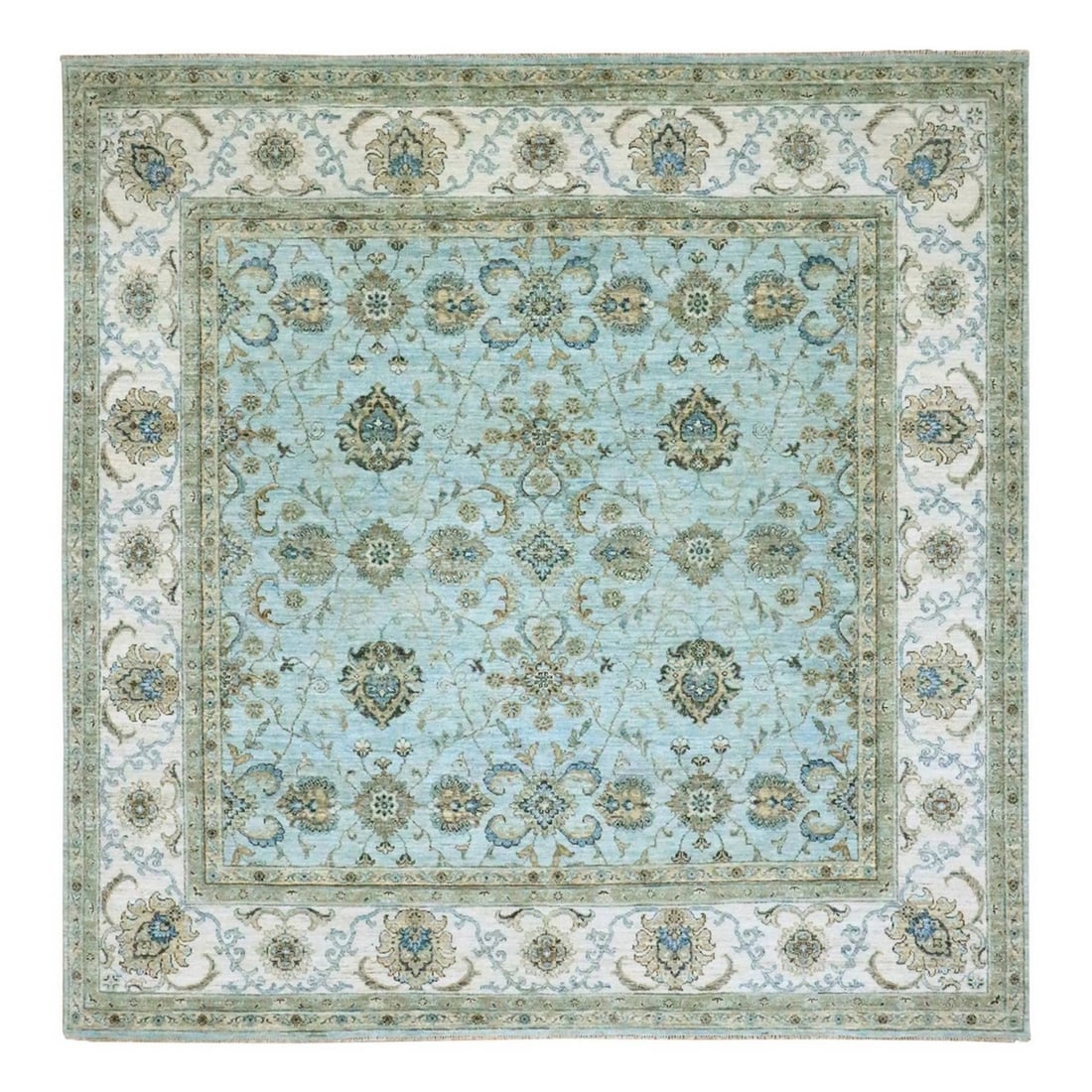 8'1"X8'1" Blue Agra Shah Abbas Flower Design Wool Hand Knotted Square Rug: Style: Agra Type: Indoor Material: Wool Color: Blue Item Length: 97 Item Width: 96 Rug Type: Hand Knotted Pile: Wool Shape: Square Field Color: Blue Size: 8"0" x 8"1" / 244 CM X 246 CM Age: 2000-Now P
