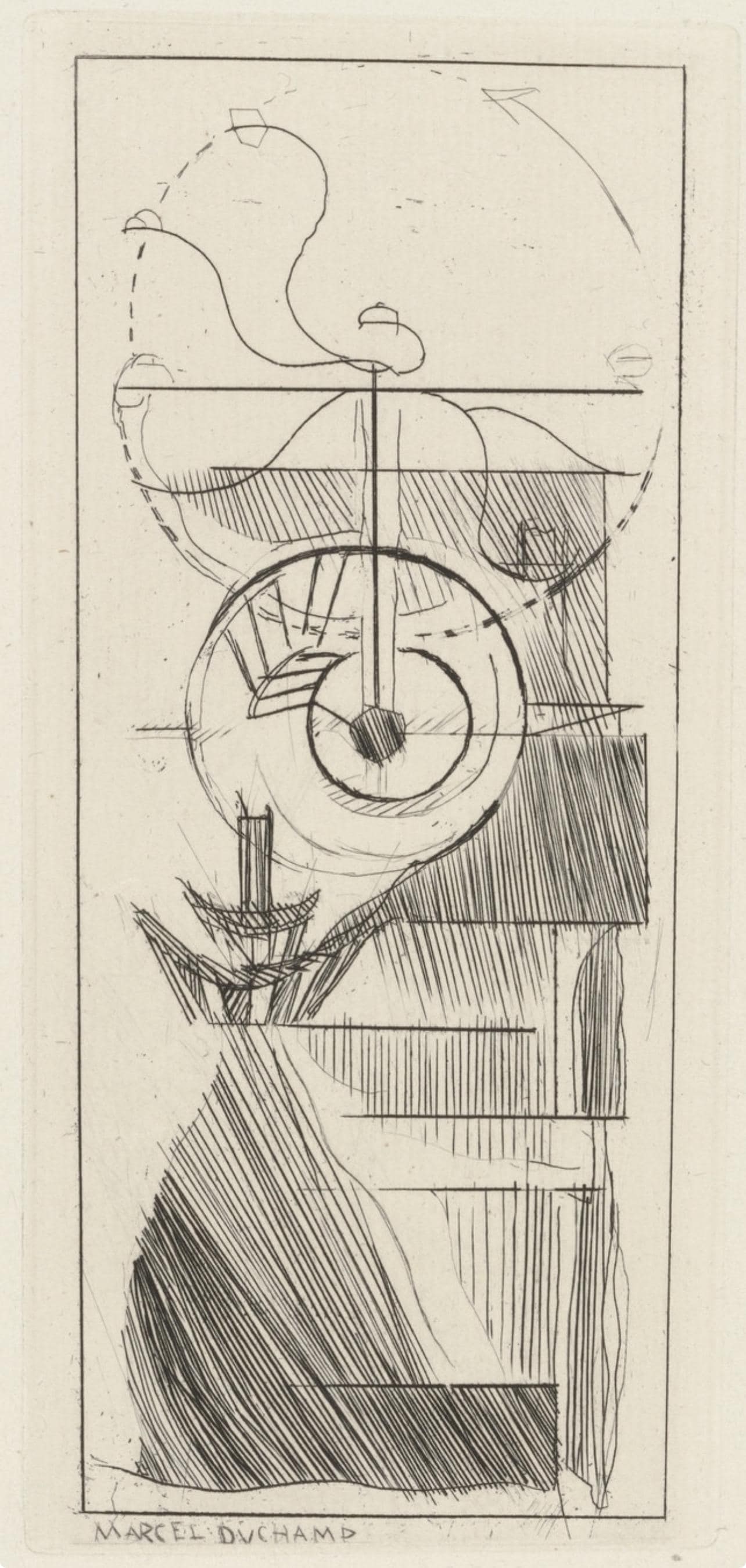 Marcel Duchamp, Composition, Du Cubisme, Etching: Etching on vlin du Lana Papiers Spciaux pur fil paper. Paper Size: 10.0625 x 8.25 inches. Excellent condition. Inscription: Unsigned and unnumbered, as issued. Notes: From the album, Du cubisme, 1947.