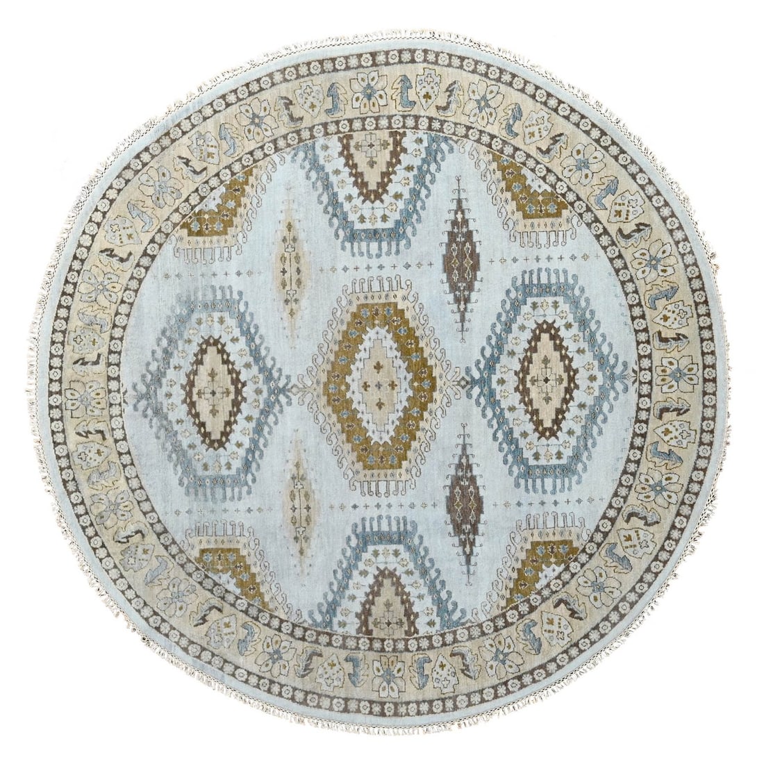8'X8' Gossamer Veil Gray Hand Knotted Zoroastrian Village Wool Round Rug: Style: Zoroastrian Type: Indoor Material: Wool Color: Grey Item Length: 97 Item Width: 97 Rug Type: Hand Knotted Pile: Wool Shape: Round Field Color: Grey Size: 8"1" x 8"1" / 246 CM X 246 CM Age: 2000