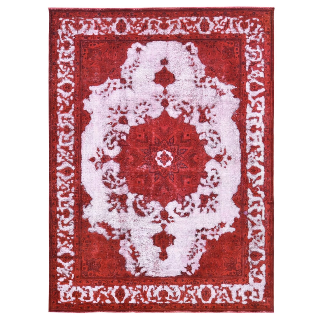 8'1"X11' Barn Red Overdyed Zoroastrian Tebraz Pure Wool Hand Knotted Rug: Style: Zoroastrian Type: Indoor Material: Wool Color: Red Item Length: 132 Item Width: 97 Rug Type: Hand Knotted Pile: Worn Wool Shape: Rectangular Field Color: Red Size: 8"1" x 11"0" / 246 CM X 335 C