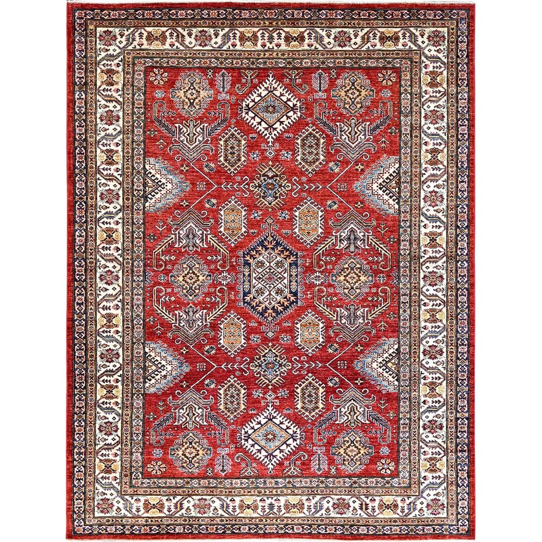 8'1"X10'6" Red 100% Wool Afghan Super Kazak Hand Knotted Oriental Rug: Style: Kazak Type: Indoor Material: Wool Color: Red Item Length: 126 Item Width: 97 Rug Type: Hand Knotted Pile: Wool Shape: Rectangular Field Color: Red Size: 8"1" x 10"6" / 246 CM X 320 CM Age: 2000