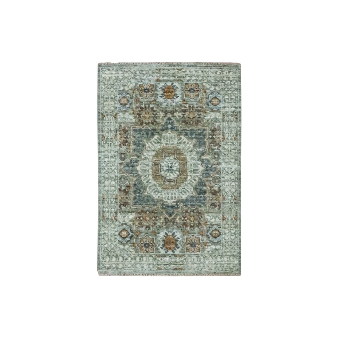 2'1"X3'2" Mint Green Pure Wool Rug Hand Knotted Pre Historic Mamluk Design: Style: Mamluk Type: Indoor Material: Wool Color: Green Item Length: 38 Item Width: 25 Rug Type: Hand Knotted Pile: Wool Shape: Rectangular Field Color: Green Size: 2"1" x 3"2" / 64 CM X 97 CM Age: 200