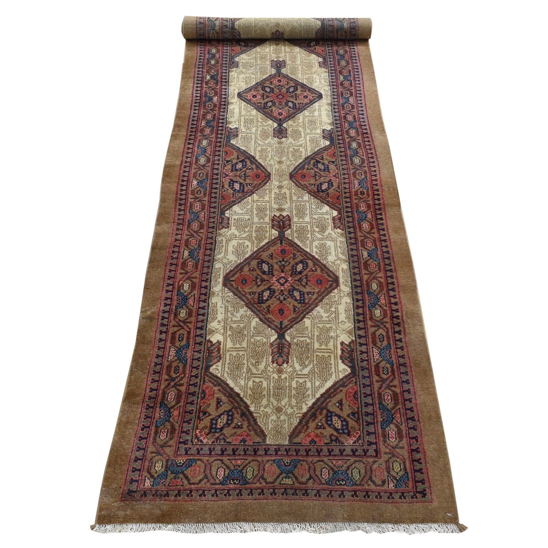 3'2"X14'10" Taupe Brown Antique Zoroastrian Wool Hand Knotted Runner Rug: Type: Indoor Material: Wool Color: Brown Item Length: 178 Item Width: 38 Style: Zoroastrian Rug Type: Hand Knotted Pile: Wool Shape: Runner Field Color: Brown Size: 3"2" x 14"10" / 97 CM X 452 CM Age: