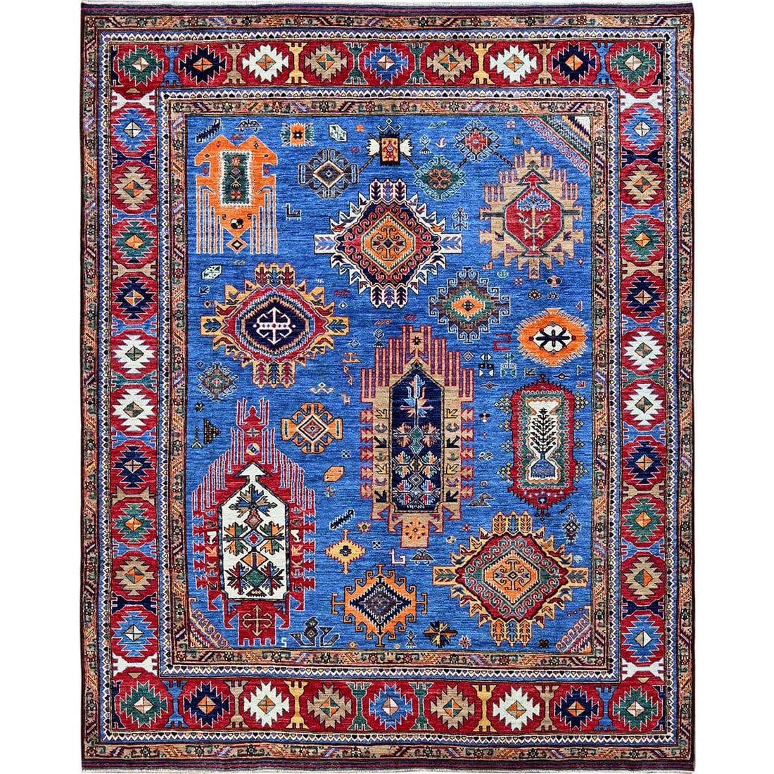 8'1"X9'10" Blue Afghan Caucasian Design Revival Hand Knotted Soft Wool Rug: Style: Caucasian Type: Indoor Material: Wool Color: Blue Item Length: 118 Item Width: 97 Rug Type: Hand Knotted Pile: Wool Shape: Rectangular Field Color: Blue Size: 8"1" x 9"10" / 246 CM X 300 CM Age