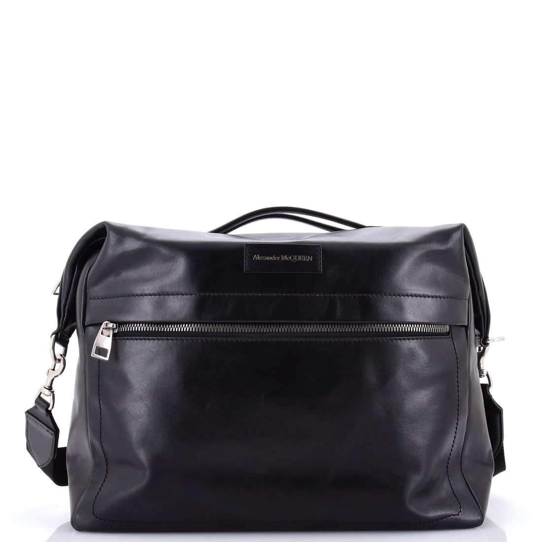 Alexander Mcqueen Front Zip Logo Messenger Bag Leather Medium: Brand: Alexander Mcqueen Exterior Material: Leather Style: Messenger Exterior Color: Black Size: Medium Measurements: Handle Drop 1.5", Height 12", Width 14", Depth 5", Strap Drop 5.5-12" Model: Front