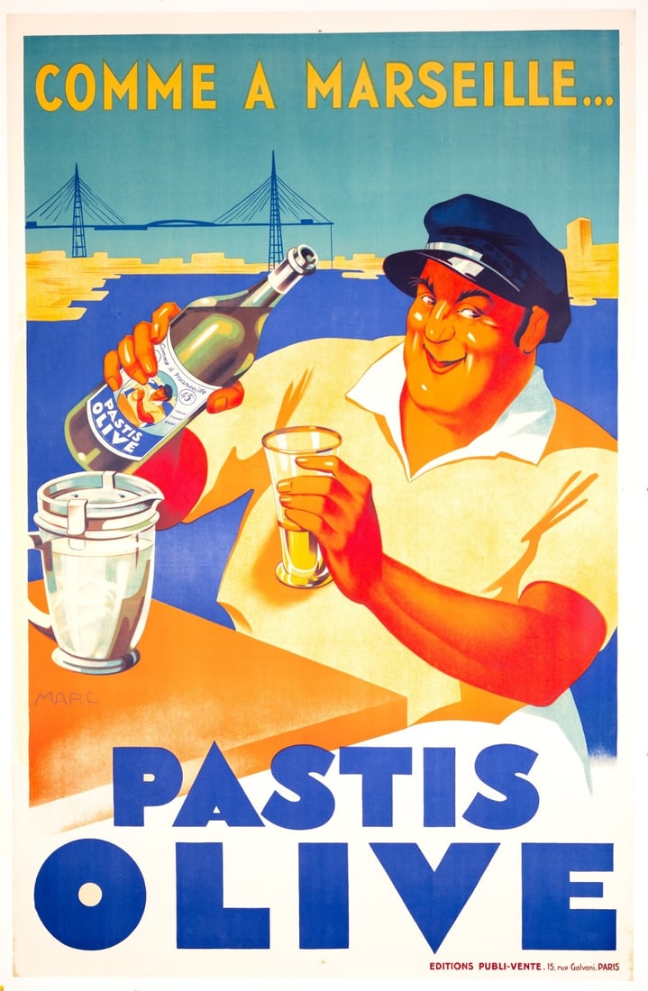 Vintage Pastis Olive Poster By Marc, Original 1930 French Lithograph: Country Of Origin: France Artist: MARC Unit Of Sale: Single Piece Size: Large Date Of Creation: 1930 Title: PASTIS OLIVE Material: Canvas Paper Certificate Of Authenticity (Coa): Yes Item Length: 79 O