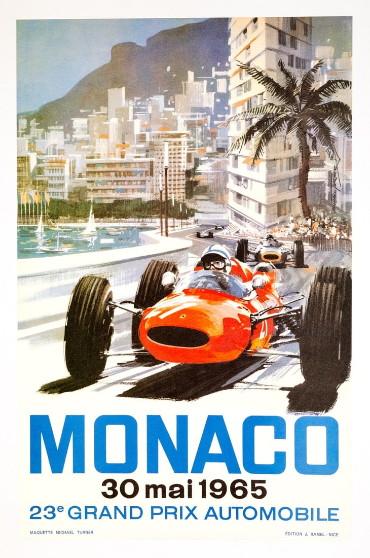 Monaco Grand Prix 1965 Michael Turner Vintage French Automobile Racing Poster: Artist: Michael Turner Unit Of Sale: Single Piece Size: Small Date Of Creation: 1970"S Title: MONACO GRAND PRIX 1965 Material: Canvas Paper Franchise: Cars Region Of Origin: MONACO Framing: Unframed S