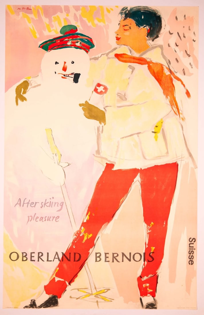 Oberland Bernois Swiss Ski Poster Hans Falk 1949 28 X 39 After Skiing Pleasure: Country Of Origin: Switzerland Unit Of Sale: Single Piece Artist: Hans Falk Size: Medium Date Of Creation: 1949 Title: Oberland Bernois Material: Canvas Paper Certificate Of Authenticity (Coa): Yes Re