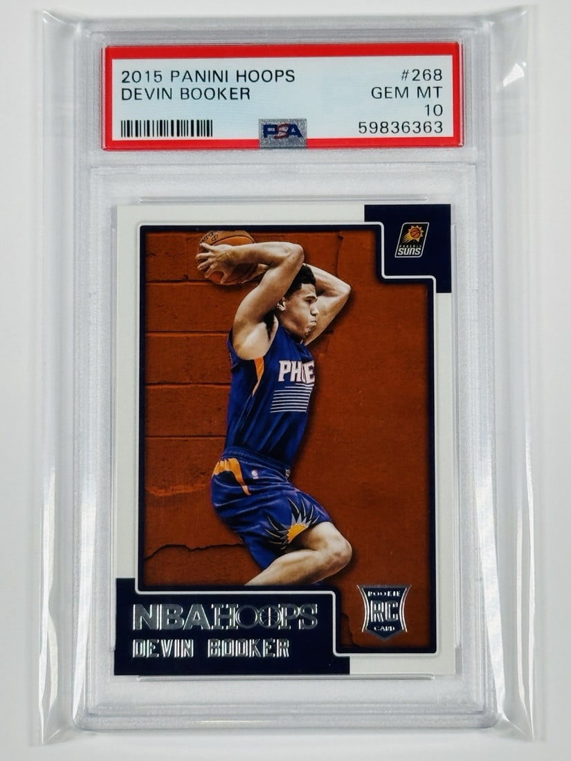 2015 Panini Hoops Devin Booker #268 Rookie Psa 10: Card Size: Standard Type: Sports Trading Card Set: 2015-16 Panini NBA Hoops Player/Athlete: Devin Booker Team: Phoenix Suns Features: Rookie Card Number: #268 Original/Licensed Reprint: Original Seaso