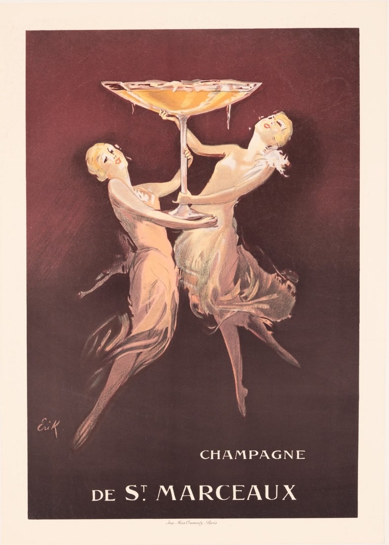 Erik Champagne De St. Marceaux Original 1930S French Poster On Linen: Artist: Robert Falccuci Unit Of Sale: Single Piece Size: Small Color: Purple Date Of Creation: 1930c Title: champagne de st marceaux Material: Paper Certificate Of Authenticity (Coa): Yes Framing: Unf