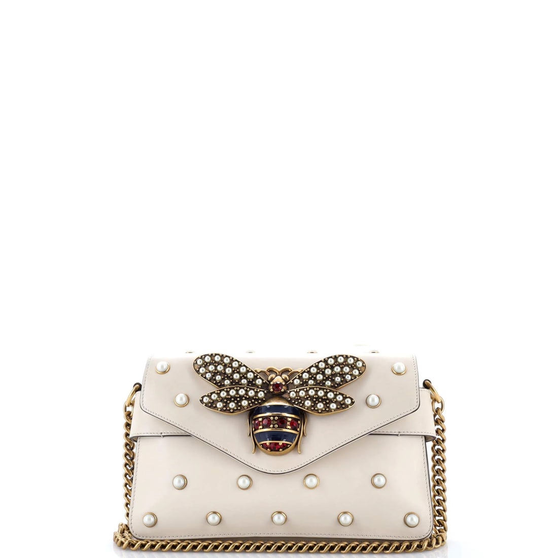 Gucci Broadway Pearly Bee Shoulder Bag Embellished Leather Mini: Brand: Gucci Exterior Material: Leather Style: Shoulder Bags Exterior Color: White Size: Mini Accessories: With Strap Measurements: Handle Drop 10", Height 6", Width 9.5", Depth 2", Strap Drop 21" Mod