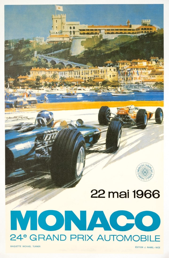 Monaco Grand Prix 1966 Michael Turner Vintage: Artist: Carpenter Michael Turner Unit Of Sale: Single Piece Size: Small Date Of Creation: 1970"S Title: MONACO GRAND PRIX 1966 Material: Canvas Paper Franchise: Cars Region Of Origin: MONACO Framing: