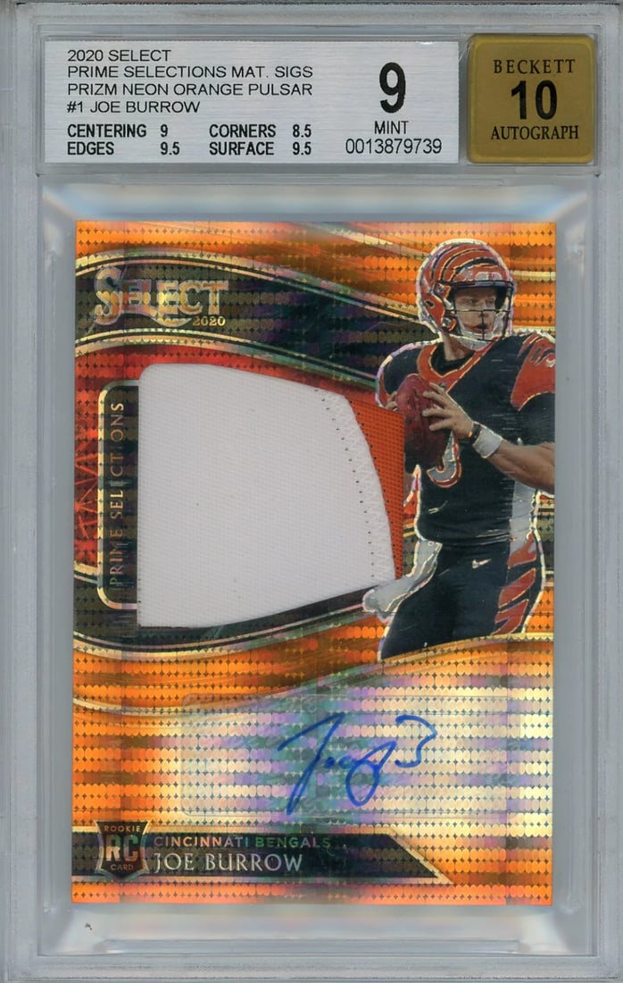 Joe Burrow Autographed 2020 Panini Select Prime Selections Neon Orange Pulsar Ma: Brand: Professional Sports Authenticator (PSA) Joe Burrow Autographed 2020 Panini Select Prime Selections Neon Orange Pulsar Materials Card Card is factory signed in blue sharpie across the front of t