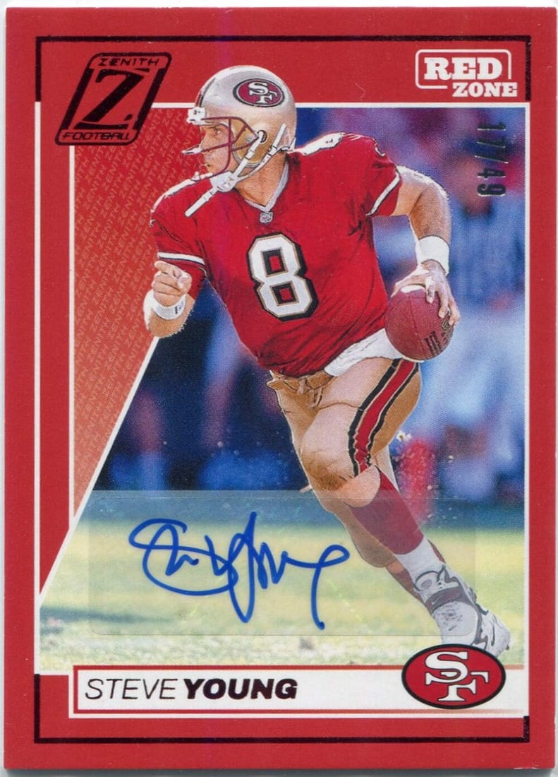 Steve Young 2024 Panini Zenith Red Zone Auto Red Parallel Card #90 17/49: Steve Young 2024 Panini Zenith Red Zone AUTO Red Parallel Card #90 17/49 Product Disclaimer: Not affiliated with any team or league. Signatures are unverified unless a certificate is stated. For inqui