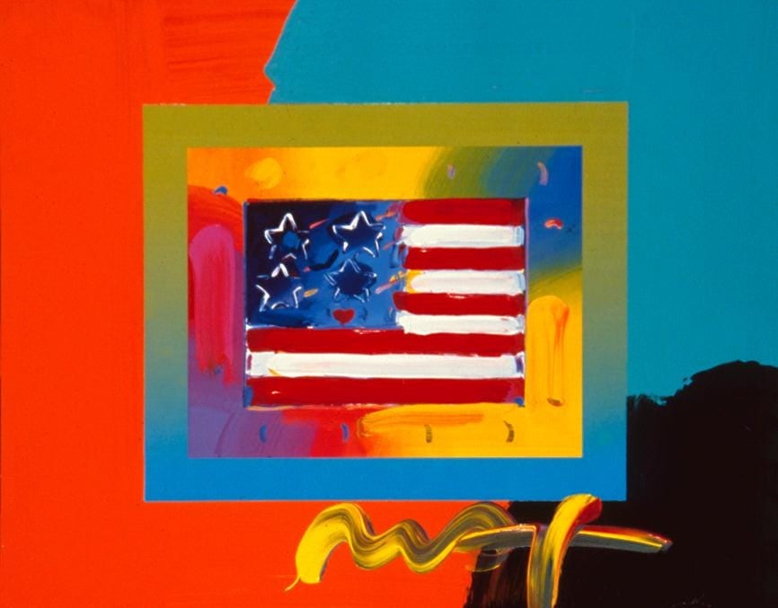 Peter Max, Flag With Heart On Blends Ii, Hand Signed, Official Edition Mixed Media: Acrylic paint, lithograph in colors on Lustro Saxony paper. Paper size: 10 x 12.75 inches. Inscription: Hand signed by Peter Max and unnumbered, as issued. Condition: Excellent. Notes: Published by Vi