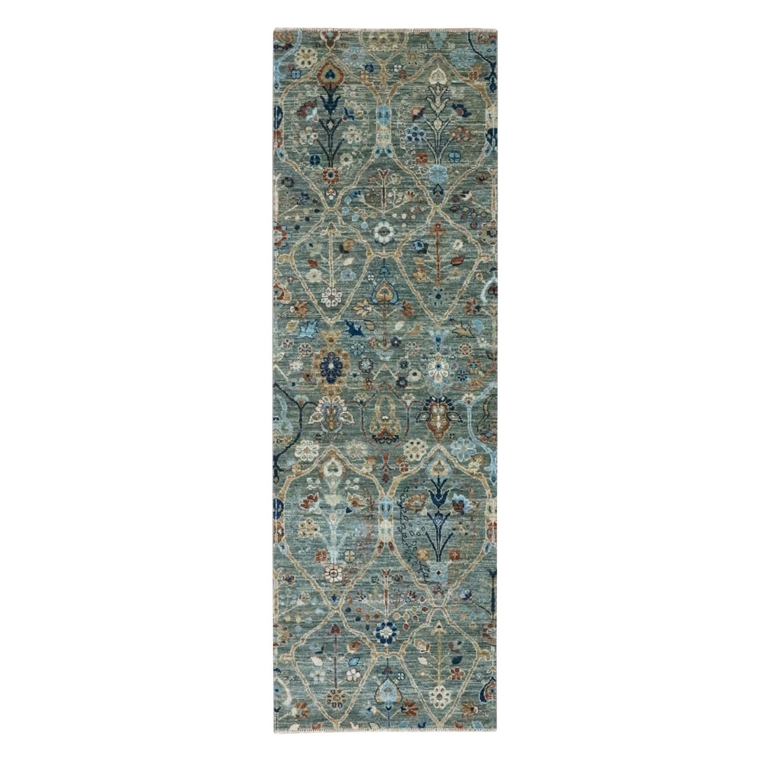 2'8"X8'1" Green Hand Knotted Wool Rug Trellis Borderless Garden Design: Style: Agra Type: Indoor Material: Wool Color: Green Item Length: 97 Item Width: 32 Rug Type: Hand Knotted Pile: Wool Shape: Runner Field Color: Green Size: 2"8" x 8"1" / 81 CM X 246 CM Age: 2000-Now