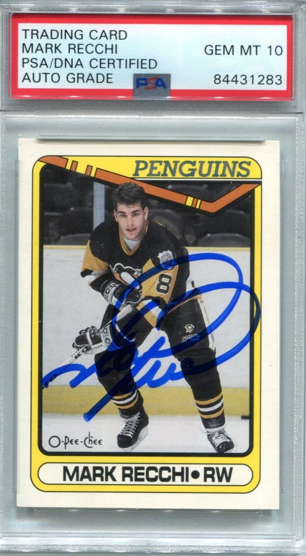 Mark Recchi 1990 O-Pee-Chee #280 Psa Auto Gem Mt 10 Rc: Brand: Upper Deck Mark Recchi 1990 O-Pee-Chee #280 PSA Auto Gem MT 10 RCSigned in blue across the front of the card .Authenticity and slabbing is provided by PSA. Product Disclaimer: Not affiliated wi