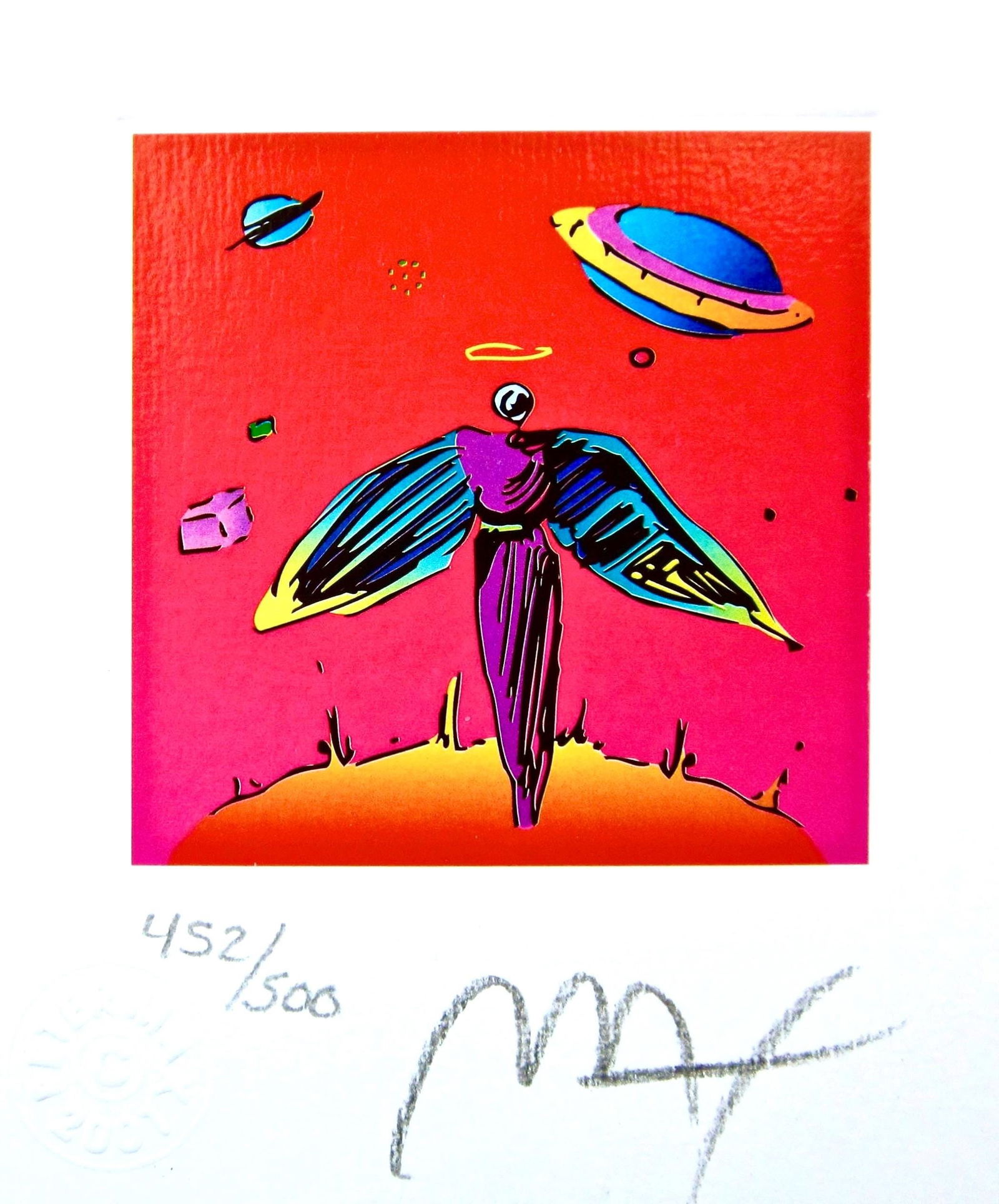 Peter Max, Angel And Saturn, Hand Signed, Official Lithograph: Lithograph in colors on Lustro Saxony paper. Paper size: 3.5 x 3 inches. Inscription: Hand signed by Peter Max and numbered, as issued. Condition: Excellent. Notes: Published and printed by Via Max, I