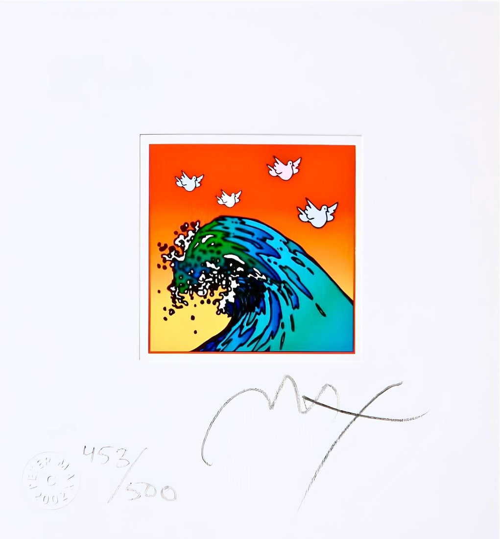 Peter Max, Great Wave With Doves, Hand Signed, Official Lithograph: Lithograph in colors on Lustro Saxony paper. Paper size: 4.87 x 4.5 inches. Inscription: Hand signed by Peter Max and numbered, as issued. Condition: Excellent. Notes: Published and printed by Via Max