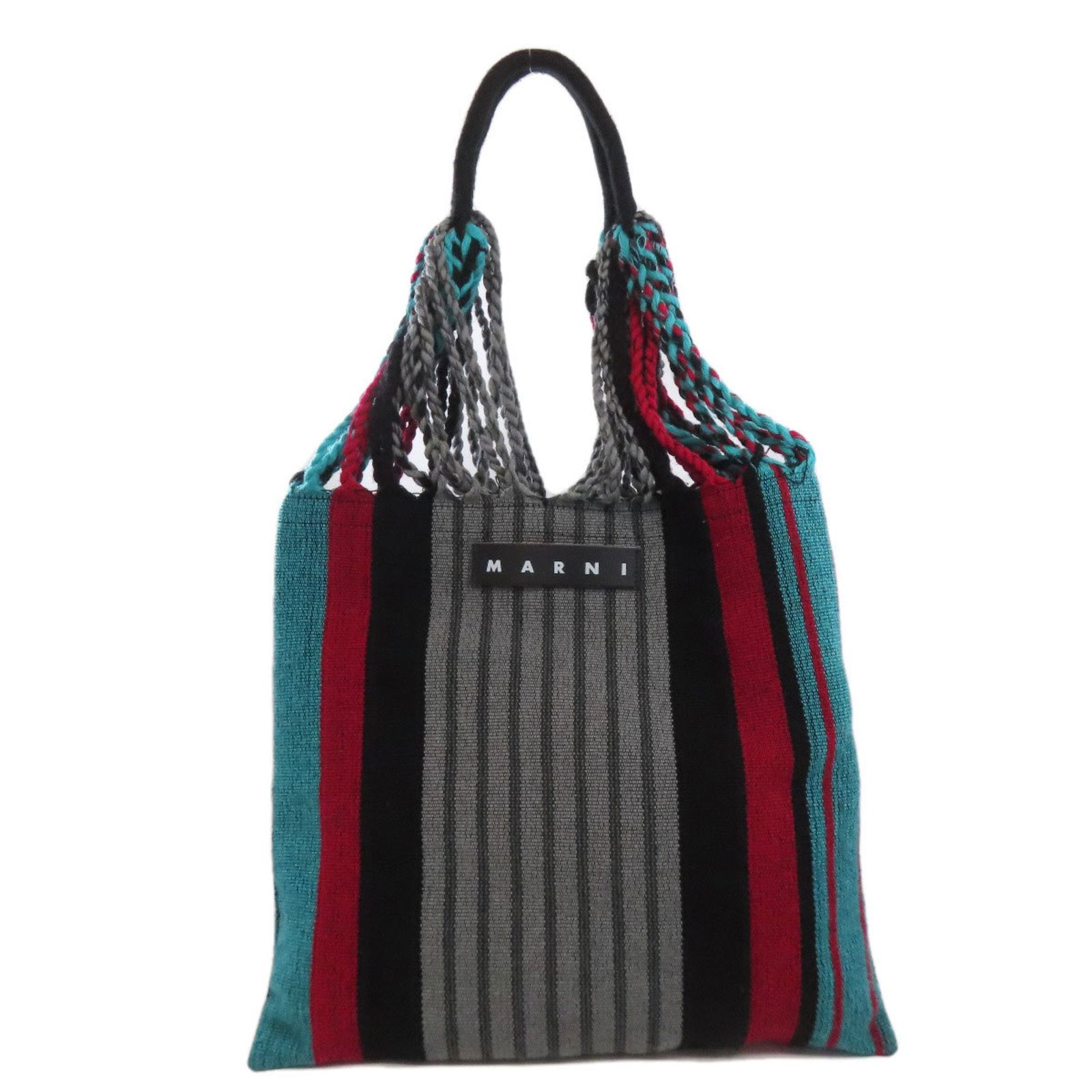 Marni Market Hammock Tote Bag: Brand: Marni Type: Tote Bag Material: Polyester , Leather Color: Gray, Green, Red Color Gender: Women Size (Hxwxd): 38cm x 37cm x 1cm / 14.96'' x 14.56'' x 0.39'' Handle Length: 70cm / 27.55'' Conditi