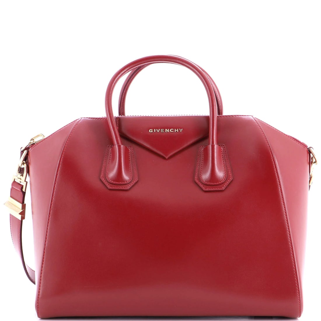 Givenchy Antigona Bag Glazed Leather Medium: Brand: Givenchy Exterior Material: Leather Style: Satchels Exterior Color: Red Size: Medium Measurements: Handle Drop 3.5", Height 11", Width 13", Depth 8", Strap Drop 11" Model: Antigona Bag Glazed L
