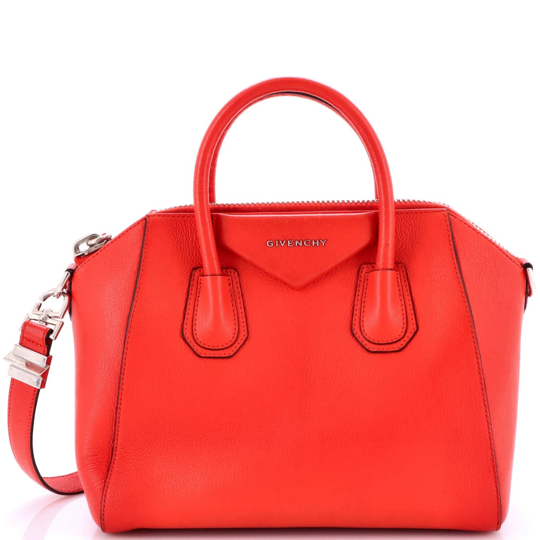 Givenchy Antigona Bag Leather Medium: Brand: Givenchy Exterior Material: Leather Style: Satchels Exterior Color: Red Size: Medium Measurements: Handle Drop 4", Height 11", Width 12", Depth 8", Strap Drop 11" Model: Antigona Bag Leather Me