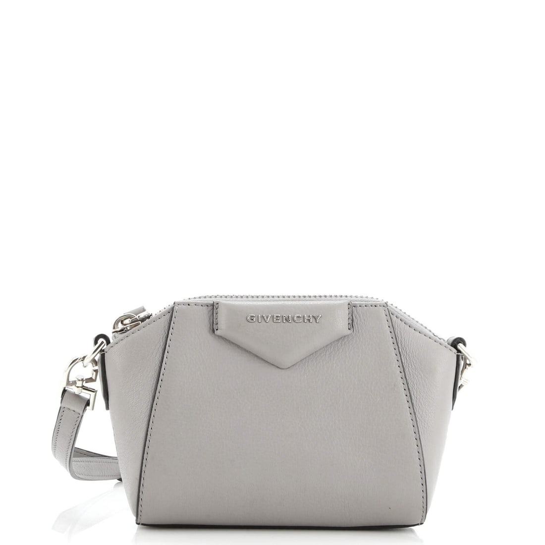 Givenchy Antigona Crossbody Bag Leather Nano: Brand: Givenchy Exterior Material: Leather Style: Cross Body Bags Exterior Color: Gray Size: Nano Accessories: With Strap Measurements: Height 5", Width 6.5", Depth 2.5", Strap Drop 17.5-21.5" Model: