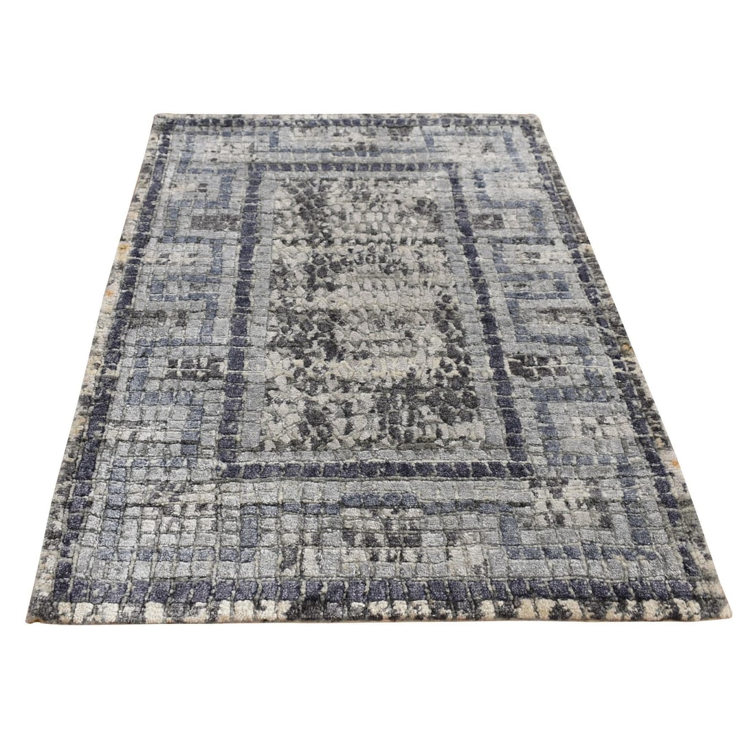 2'2"X3'2" Gray Silken Roman Mosaic Design Hand Knotted Sample Rug: Style: Roman Design Type: Indoor Material: Wool Color: Grey Item Length: 38 Item Width: 26 Rug Type: Hand Knotted Pile: Wool & Silk Shape: Rectangular Field Color: Grey Size: 2"2" x 3"2" / 66 CM X 97