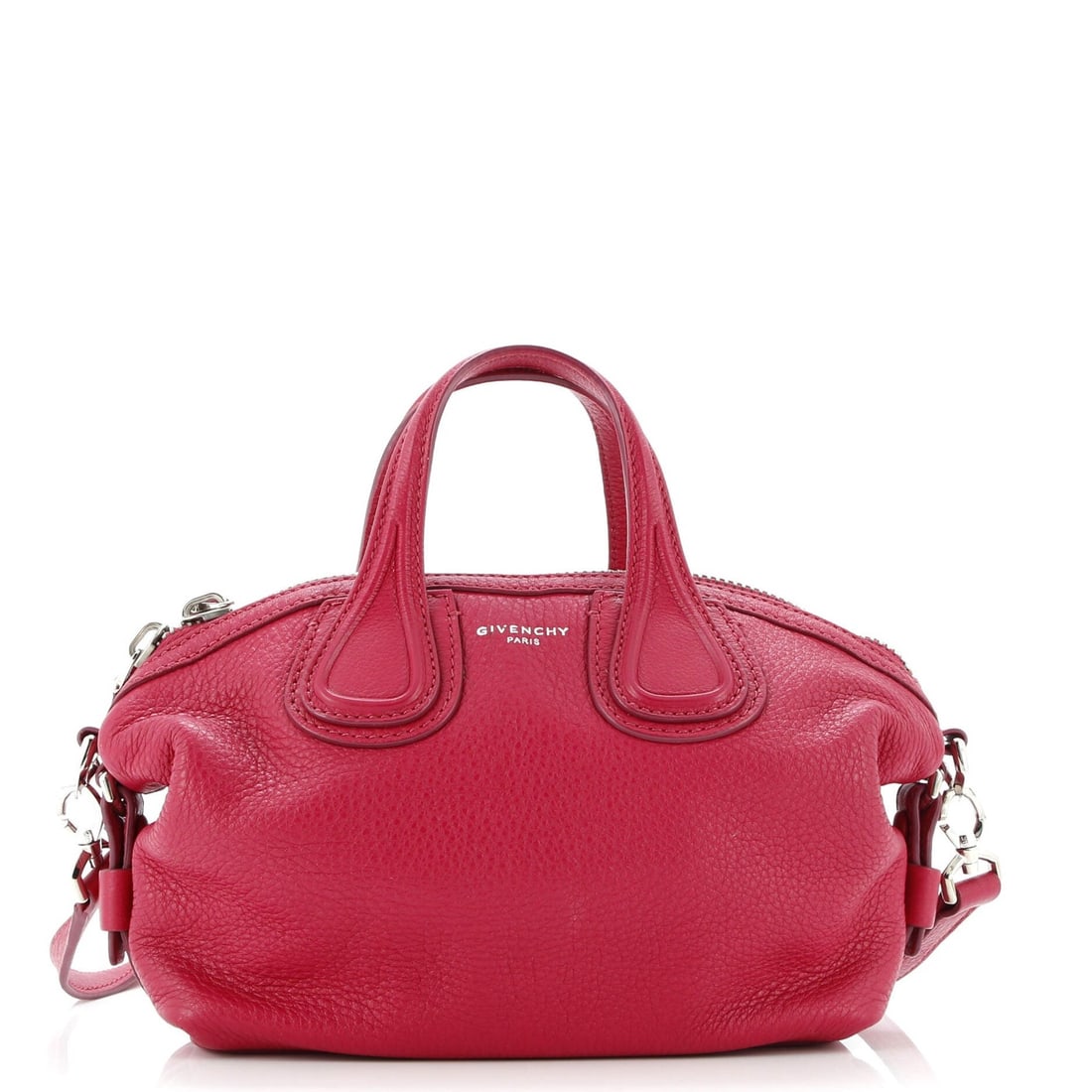 Givenchy Nightingale Crossbody Bag Waxed Leather Micro: Brand: Givenchy Exterior Material: Leather Style: Satchels Exterior Color: Pink Size: Micro Accessories: With Strap Measurements: Handle Drop 2.5", Height 7", Width 8.5", Depth 3", Strap Drop 19.5-20.