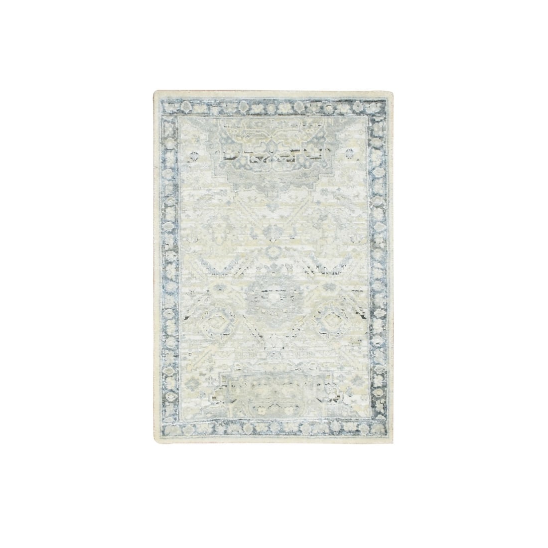 2'1"X3'2" Gray Silk And Oxidized Wool Oushak Design Hand Knotted Mat Rug: Style: Oushak Type: Indoor Material: Silk Color: Grey Item Length: 38 Item Width: 25 Rug Type: Hand Knotted Pile: Wool & Silk Shape: Rectangular Field Color: Grey Size: 2"1" x 3"2" / 64 CM X 97 CM Age